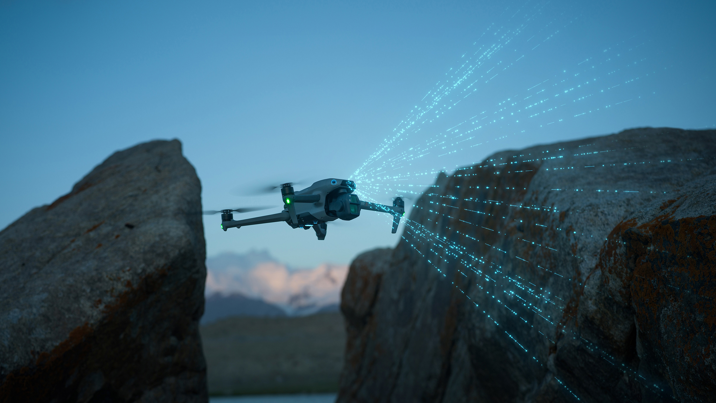 DJI Air 3S in flight at night with graphic impression of the LiDAR in action