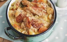 Casserole dish filled with low calorie meal chicken stew