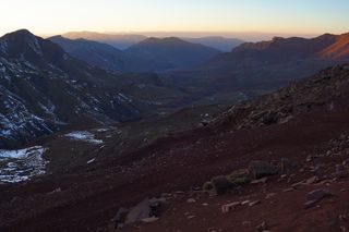 Image shows the sunset at the top of the Tizi n'Telouet pass in Morocco.