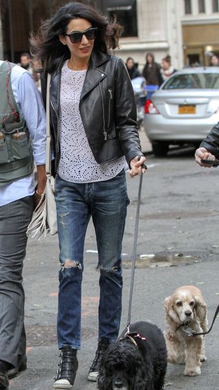 Amal Alamuddin Clooney are seen on the set of 'Money Monster' on April 12, 2015 in New York City.