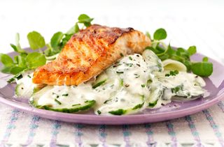 Salmon fillet recipes, Barbecued salmon with creamy cucumber, sour cream and chive salad