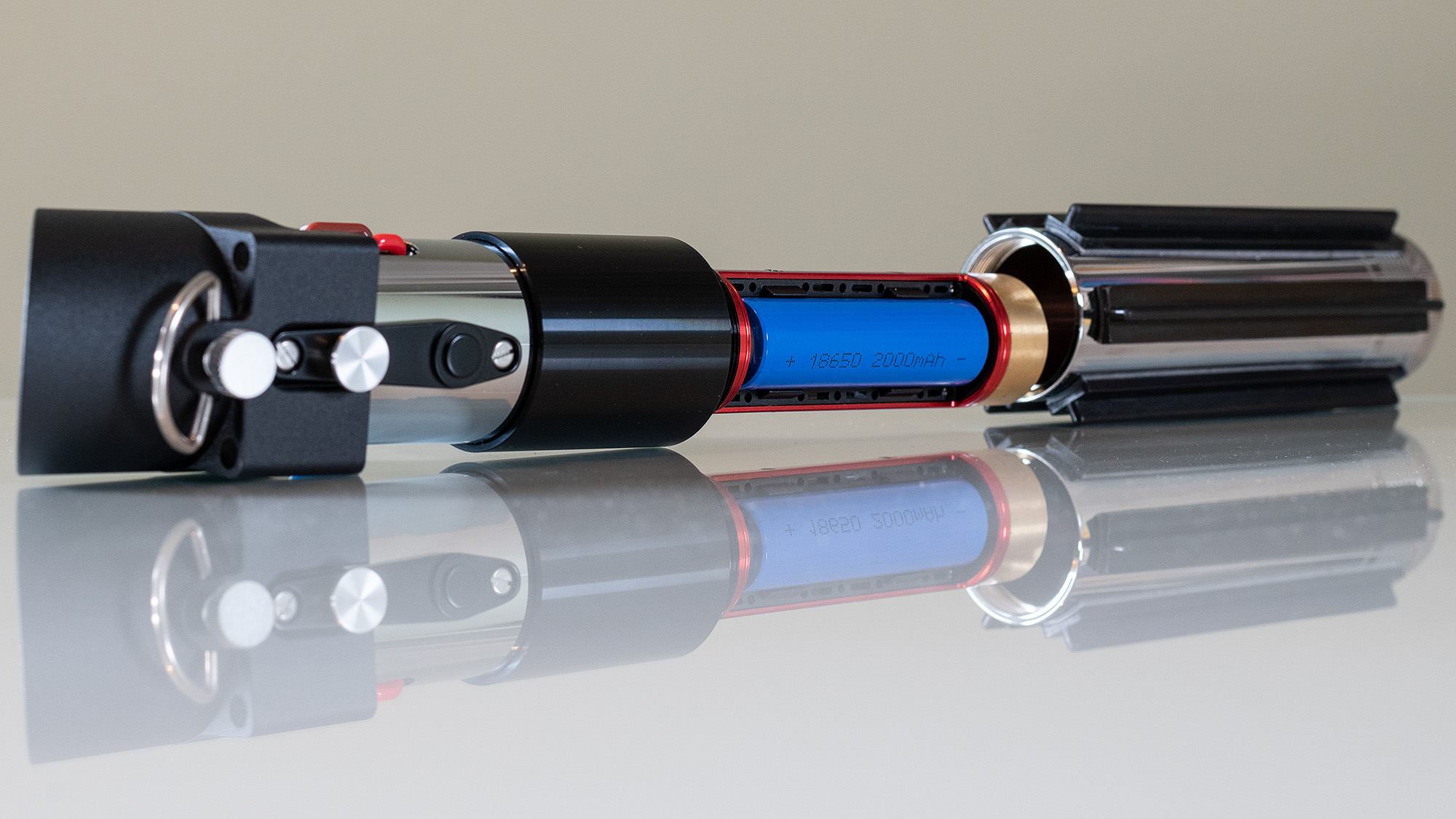 The SabersPro Vader lightsaber, battery compartment. 