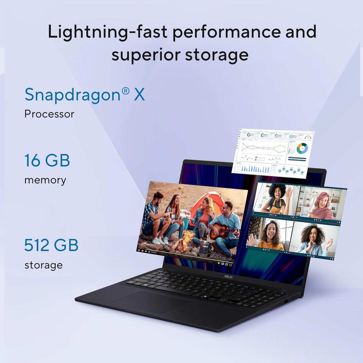 Specification images for the ASUS Vivobook 16 Laptop (Quiet Blue)
