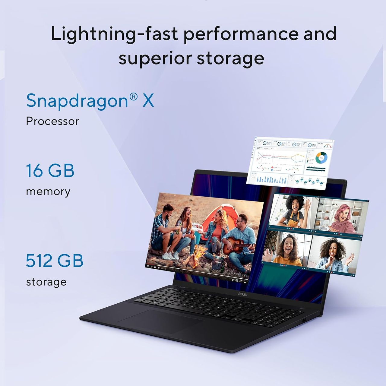 Specification images for the ASUS Vivobook 16 Laptop (Quiet Blue)