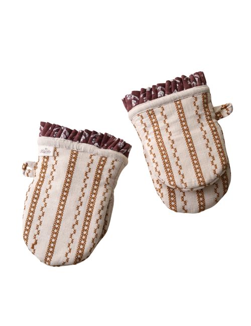 Natural Embroidered Stripe Oven Mitt Set of 2
