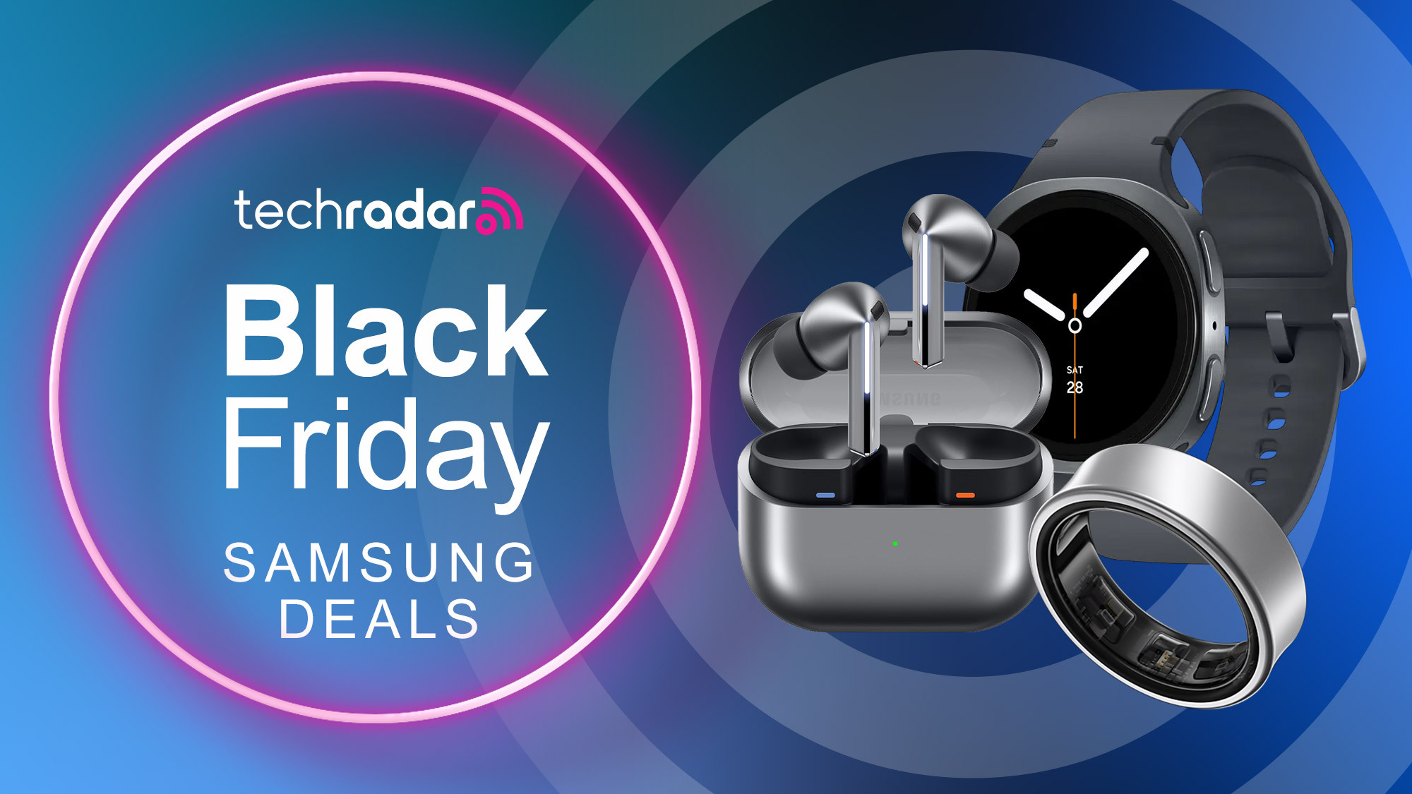 A trio of Samsung wearable products next to a neon pink circle with the TechRadar logo and text reading &#039;Black Friday Samsung deals&#039;.
