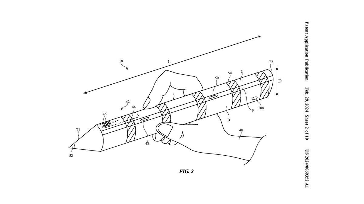 A diagram from Apple&#039;s handheld controllers patent showing what looks like a giant Apple pencil