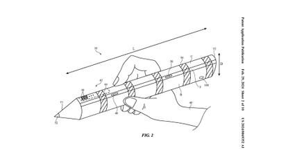 A diagram from Apple's handheld controllers patent showing what looks like a giant Apple pencil