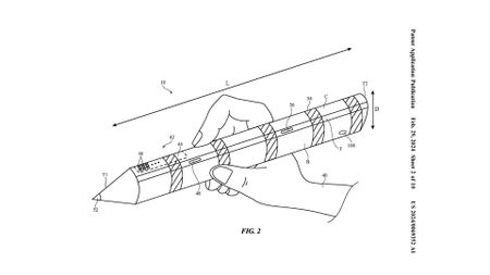 A diagram from Apple's handheld controllers patent showing what looks like a giant Apple pencil