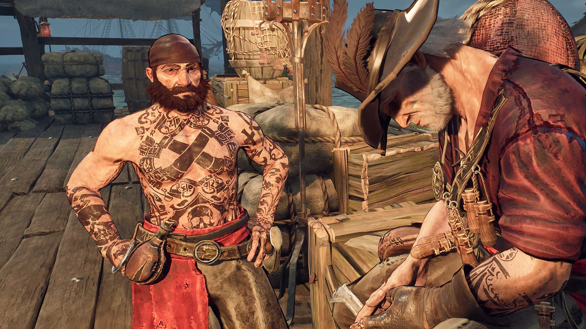 Windrose - Pirate NPCs on a pier. One is nodding off while the other stares at him.