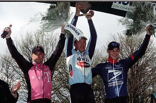 On the podium at Roubaix in 2002