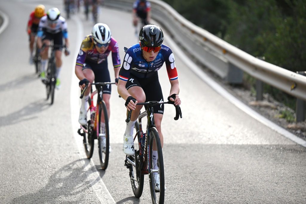 GANDIA SPAIN FEBRUARY 13 LR Anna Van Der Breggen of Netherlands and Team SD Worx Protime and Demi Vollering of Netherlands and Team FDJ SUEZ compete in the breakaway during the 9th Setmana Ciclista Volta Femenina de la Comunitat Valenciana 2025 Stage 1 a 112km stage from Alzira to Gandia on February 13 2025 in Gandia Spain Photo by Szymon GruchalskiGetty Images