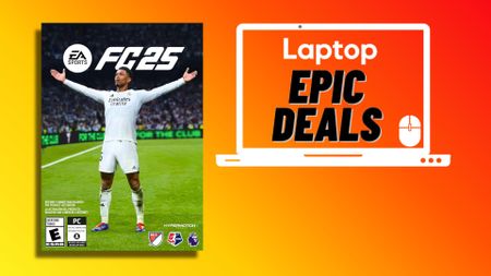 The cover for EA Sports FC25 next to a Laptop Mag deals icon in front of an orange background