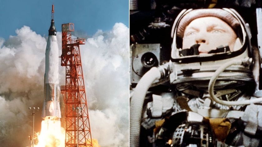 two images: on the left a rocket launches above a cloud of smoke; on the right, a man in a space helmet in side a cramped cockpit full of wires