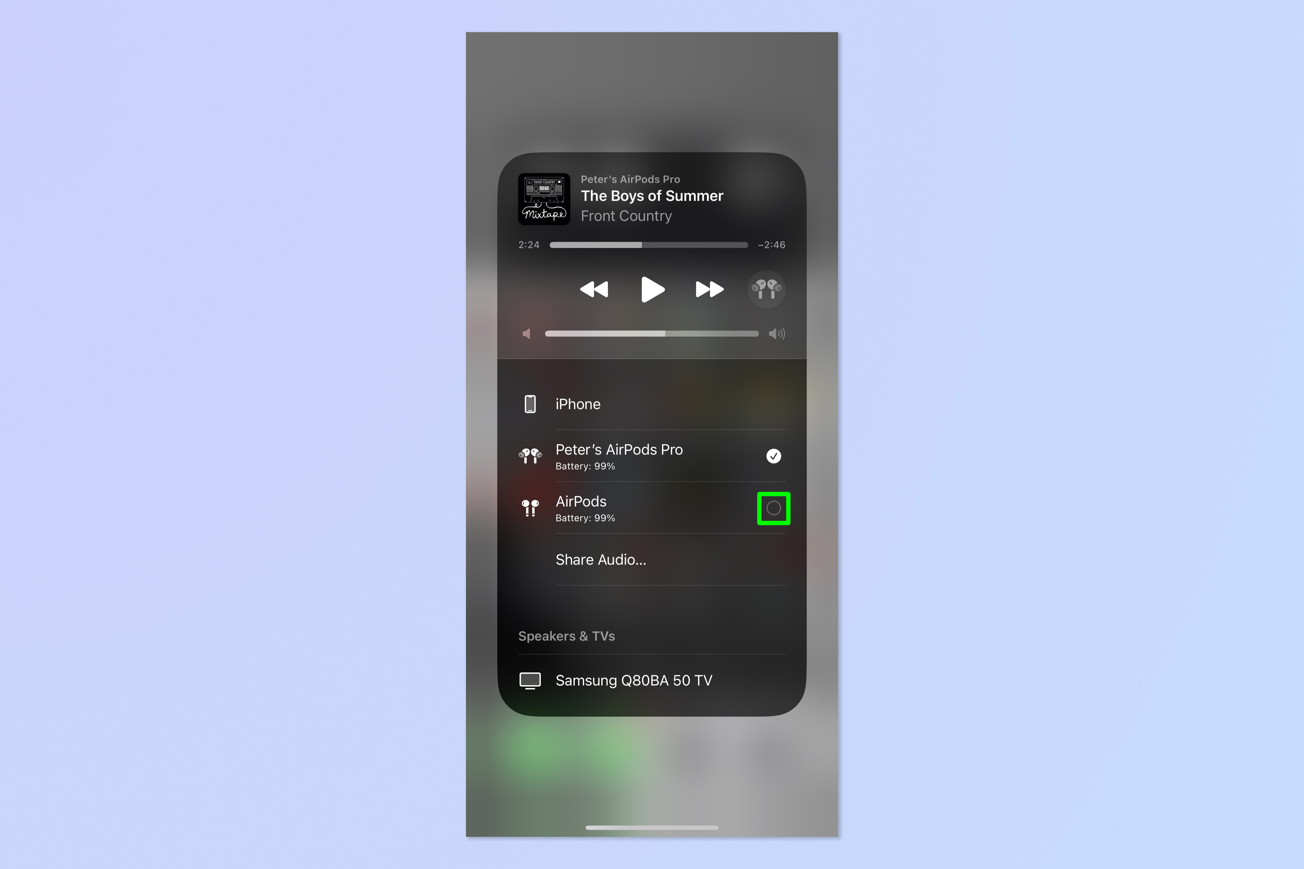 Una captura de pantalla que muestra cómo compartir audio con varios auriculares en iPhone