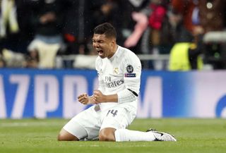 Casemiro celebrates after scoring for Real Madrid against Wolfsburg in the Champions League in April 2016.