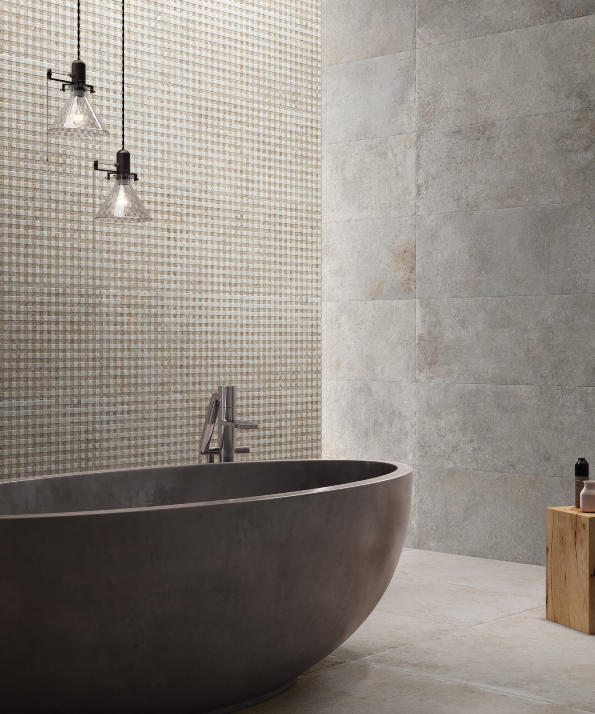 dark egg shaped concrete effect bath