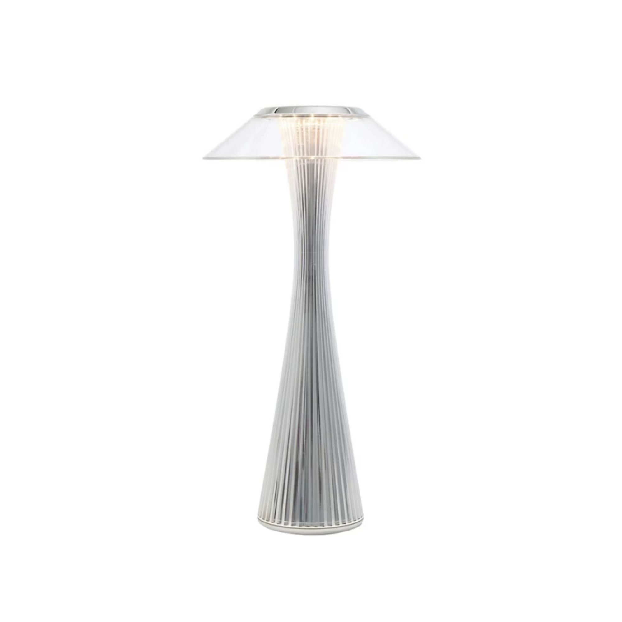 A chrome outdoor table lamp