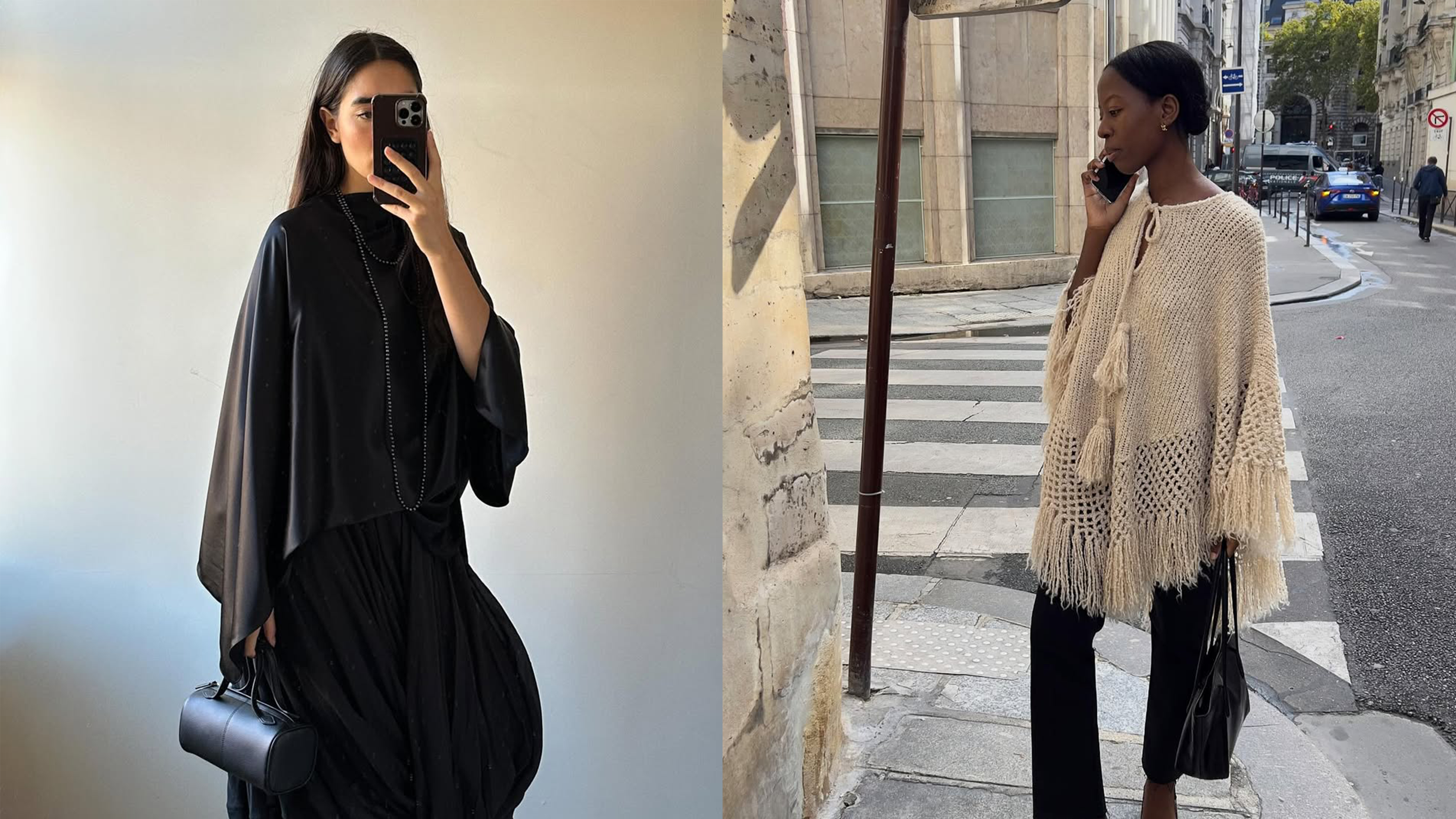 fashion influencer in Paris wearing a knit poncho with jeans