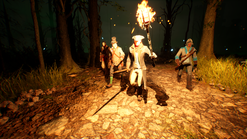 A group of pirates walking through the woods, one is holding a burning torch