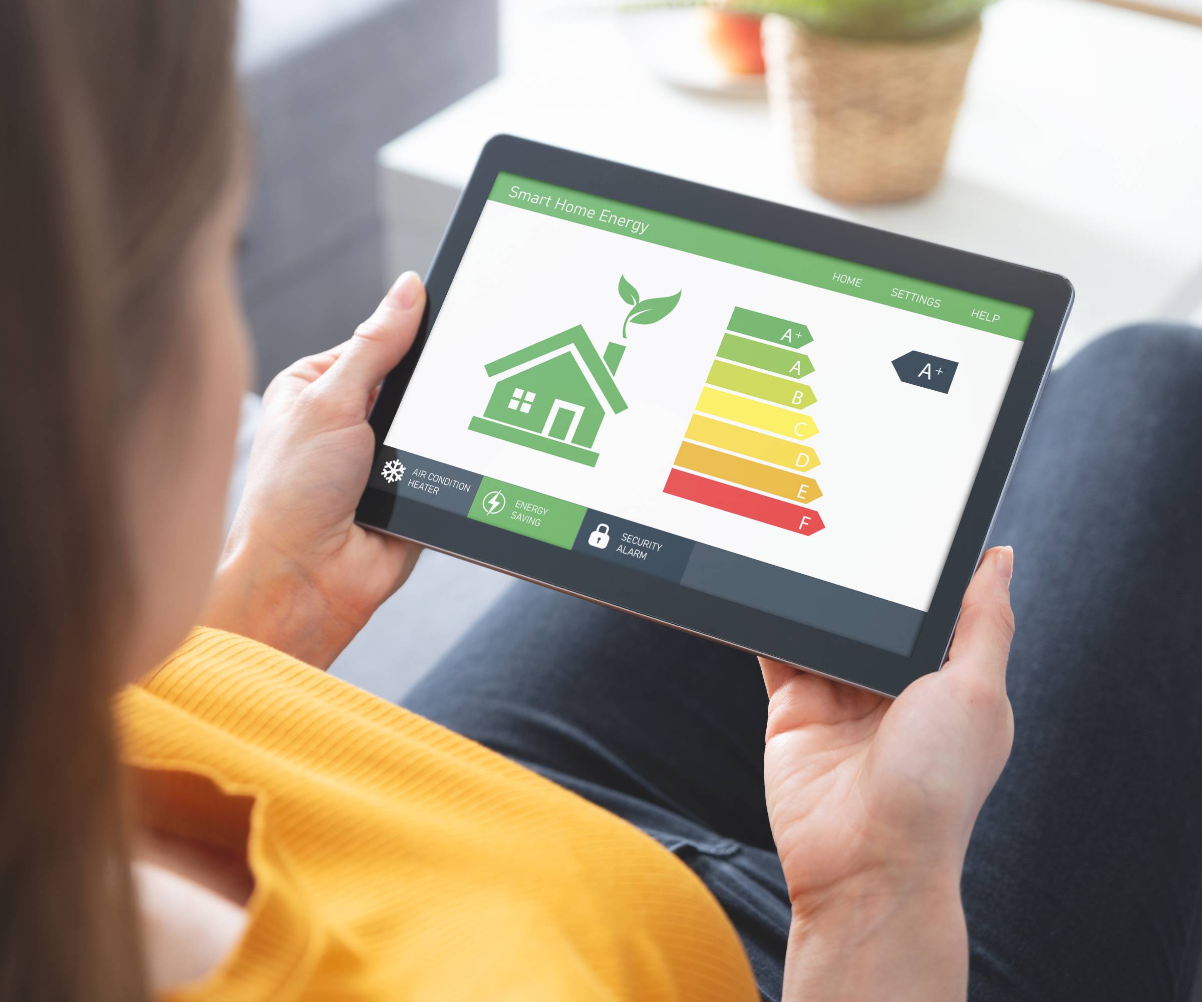 female sat holding monitor looking at home energy rating