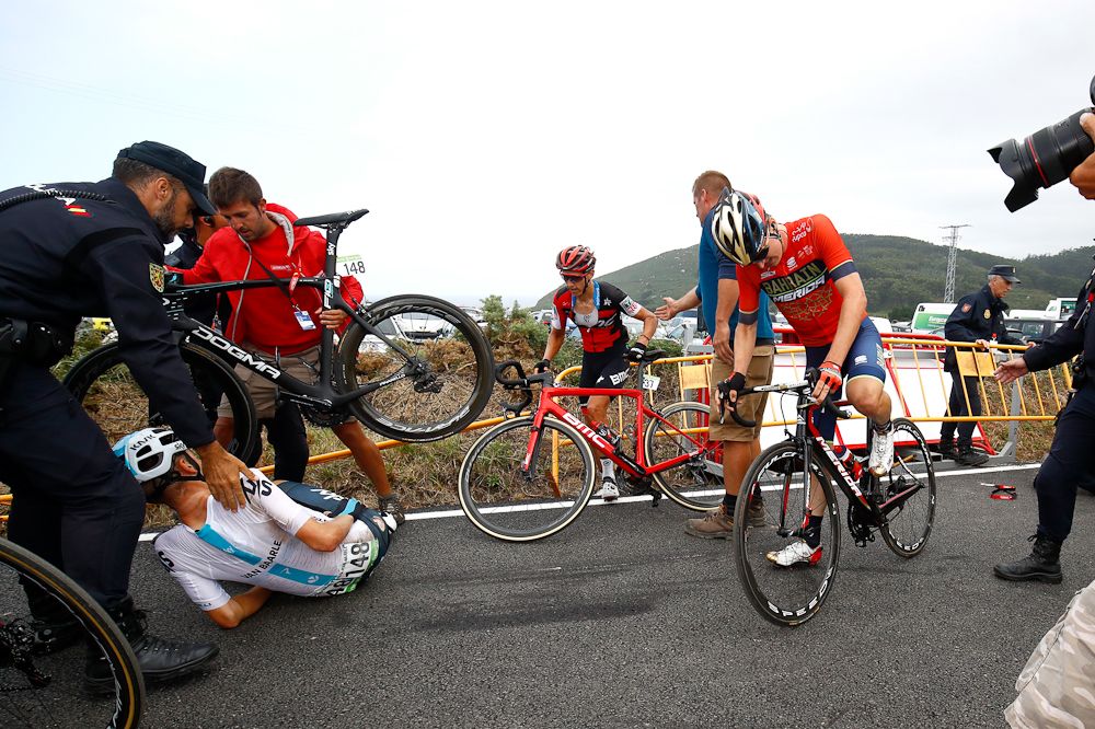 Dylan Van Baarle (Team Sky) lays on the ground after crashing following the finish of stage 12 at the Vuelta