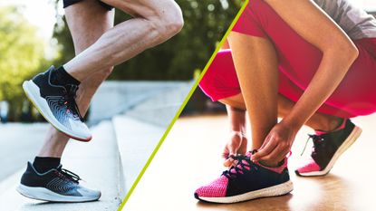 Split image showing a man wearing running shoes on the left and a woman wearing cross training shoes on the right
