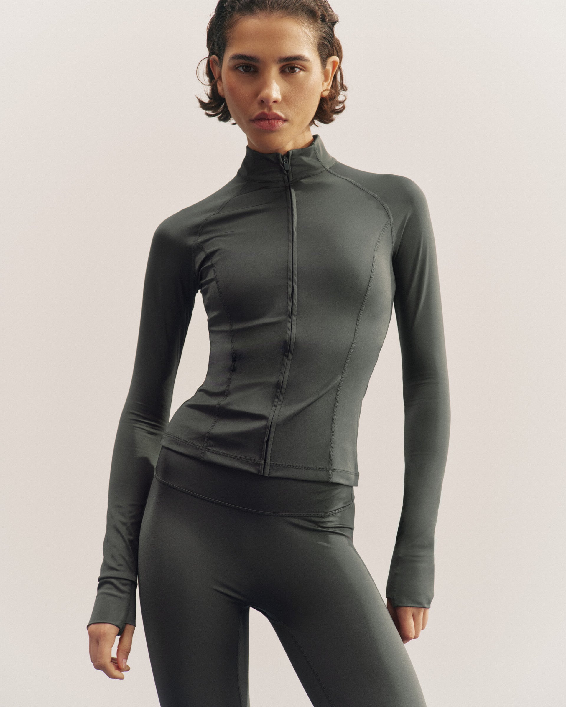 Ultimate Gloss Long Sleeve Zip Up Top - Grey - Xxs