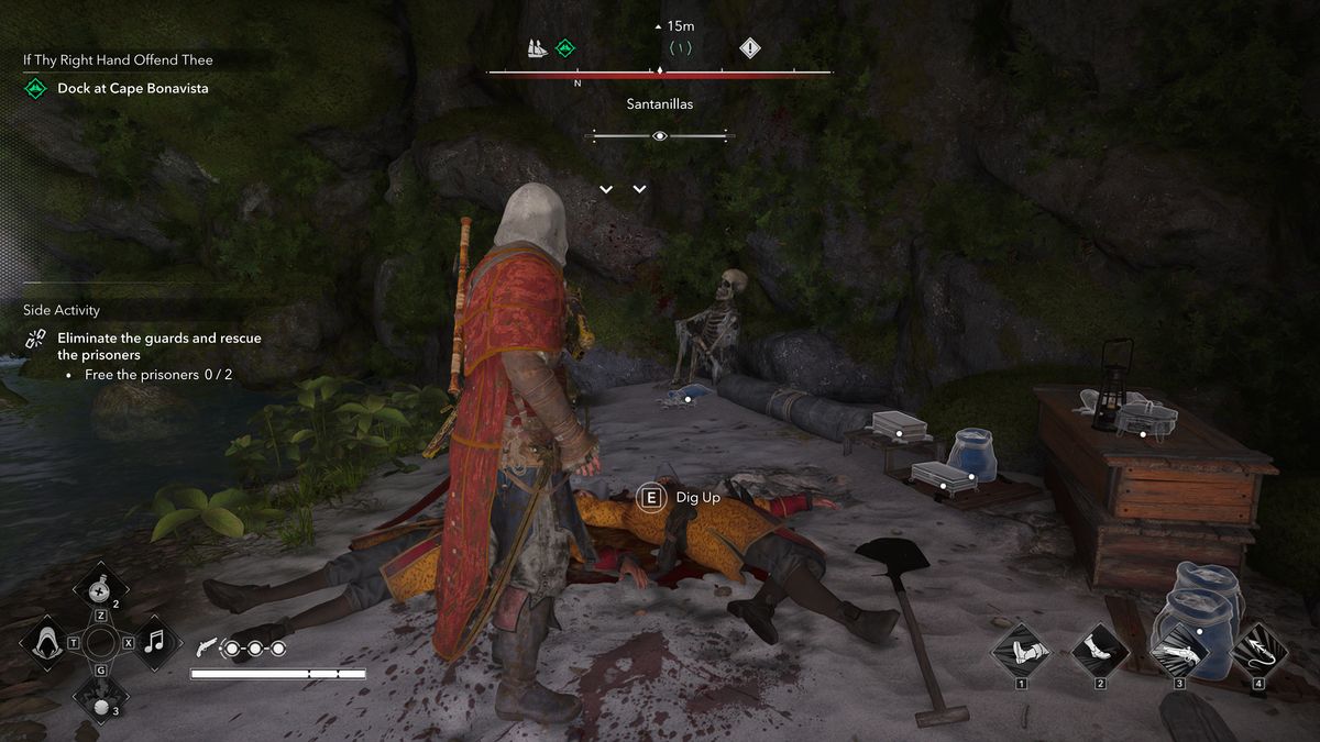Black Flag treasure maps: Edward standing next to Spanish soldiers, boxes, and a skeleton to dig up treasure in a cave.
