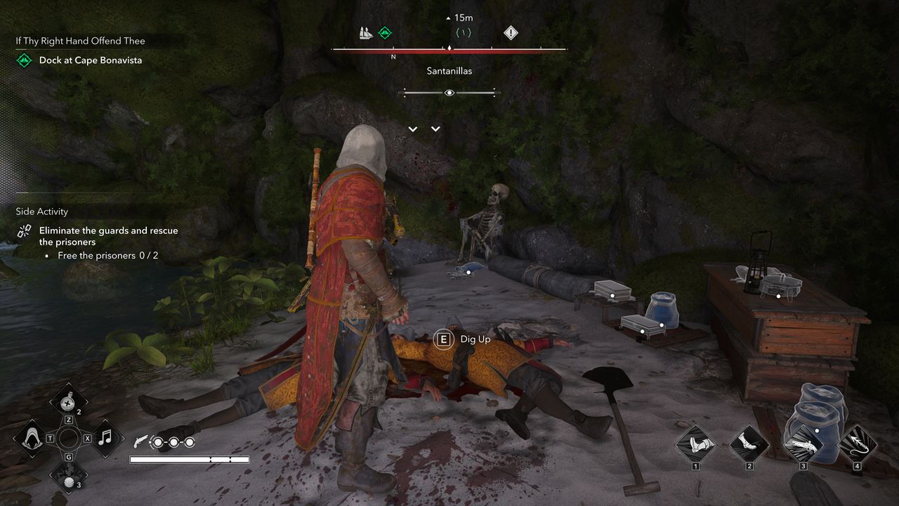 Black Flag treasure maps: Edward standing next to Spanish soldiers, boxes, and a skeleton to dig up treasure in a cave.