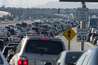 Traffic Jam. The Wednesday before Thanksgiving commuters and travelers hit the roads causing traffic congestion and stress for drivers.