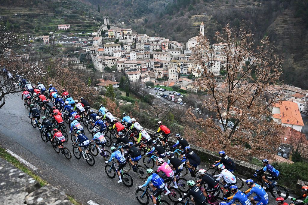 GOURDON FRANCE FEBRUARY 22 A general view of the peloton passing through a landscape during the 57th Tour des Alpes Maritimes et du Var 2025 Stage 1 a 1624km stage from Contes to Gourdon on February 22 2025 in Gourdon France Photo by Billy CeustersGetty Images