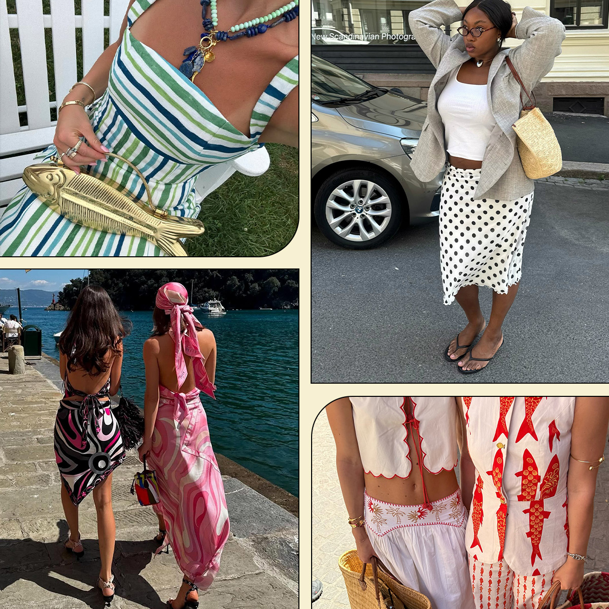 Woman wearing a bold print dress; a woman wearing a polka dot skirt; two women in pucci dresses; two women in ocean-inspired prints