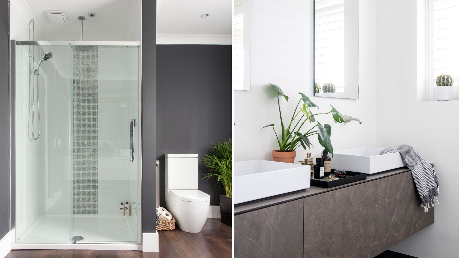 compilation image showing a shower enclosure and a double sink unit