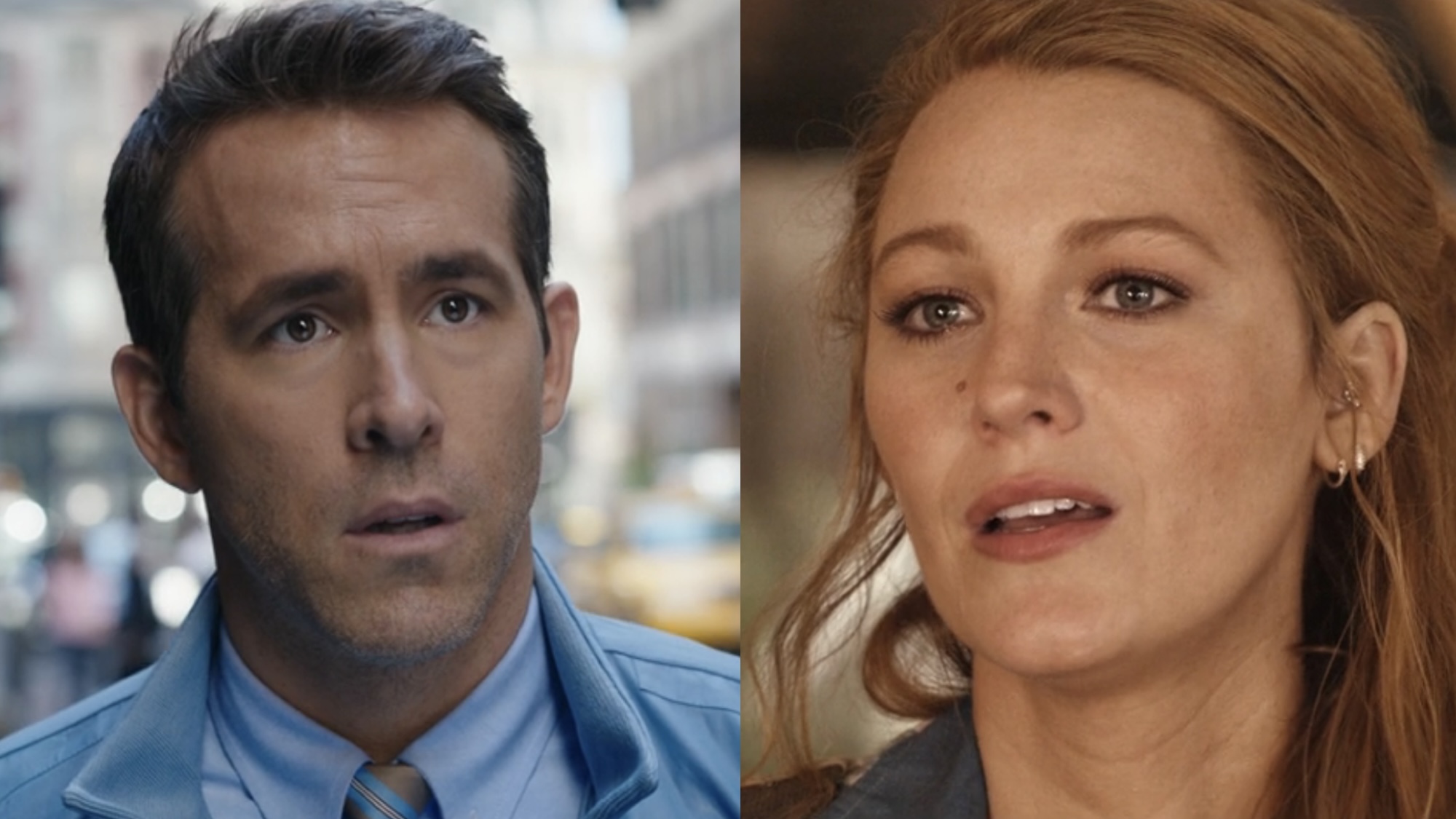 Ryan Reynolds looking shocked in Free Guy and Blake Lively in the flower shop in It Ends With Us. 