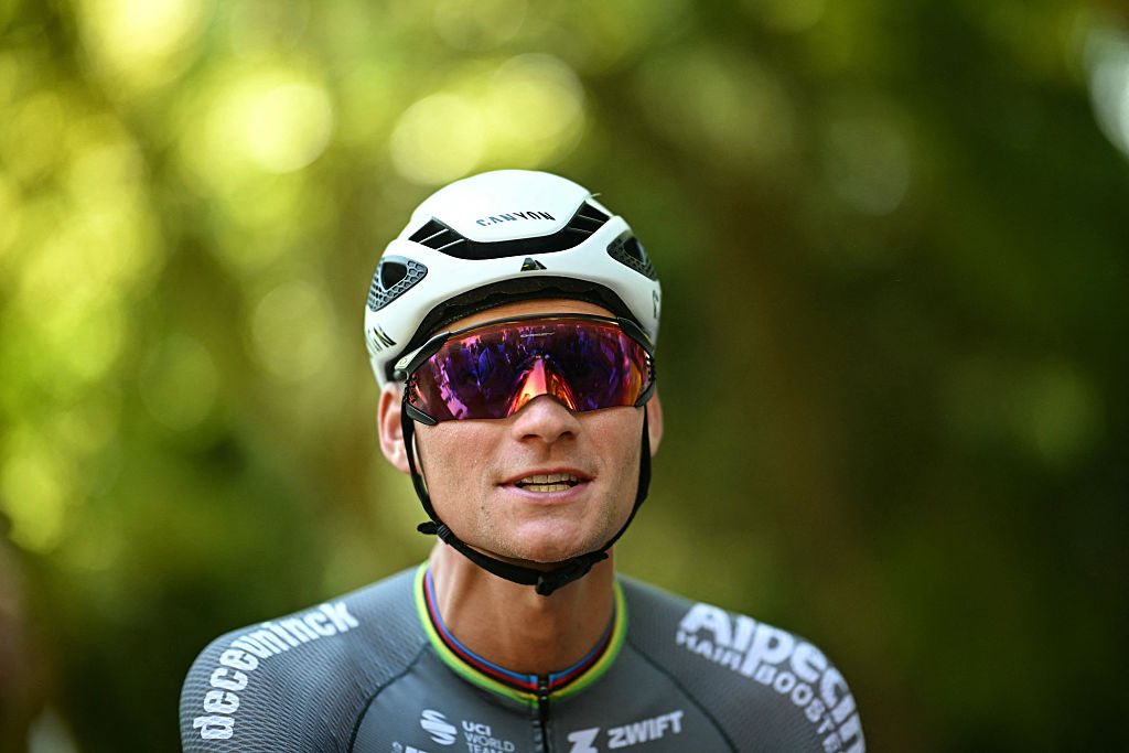 Alpecin - Deceuninck team&#039;s Dutch rider Mathieu van der Poel awaits the start of the 9th stage of the 112th edition of the Tour de France cycling race, 174.1 km between Chinon and Chateauroux, central France, on July 13, 2025. (Photo by Loic VENANCE / AFP)