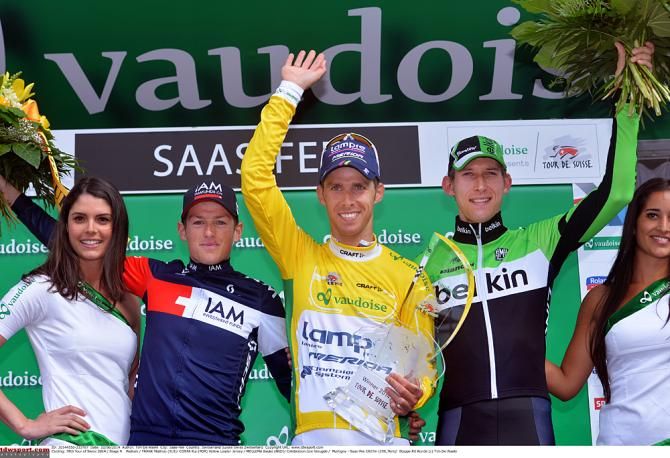 Mathias Frank (IAM Cycling), Rui Costa (Lampre-Merida) and Bauke Mollema (Belkin) on the final podium