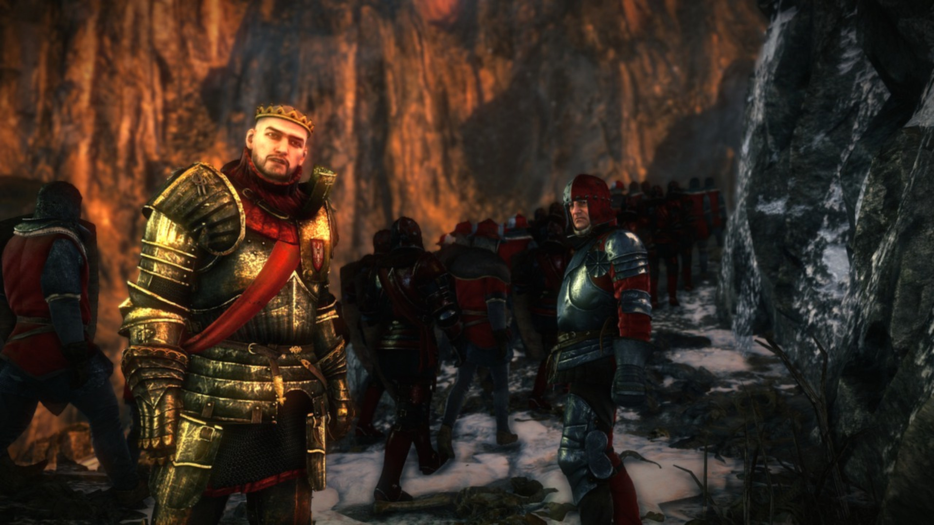 In The Witcher 2: Assassin of Kings Enhanced Edition, King Radovid V stands before a charge of soldiers near a mountain
