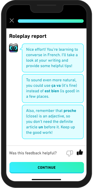 Duolingo's roleplay allows users to have a conversation via text or speech with an AI chatbot powered by GPT-4