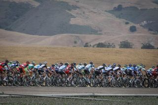 The bunch pass the flowing hillside on the way to Avila Beach