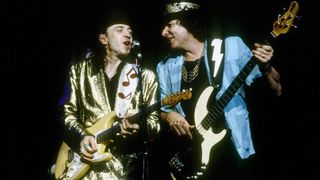 Stevie Ray Vaughan and Tommy Shannon performs at the Concord Pavilion in Concord, California on October 9, 1988.