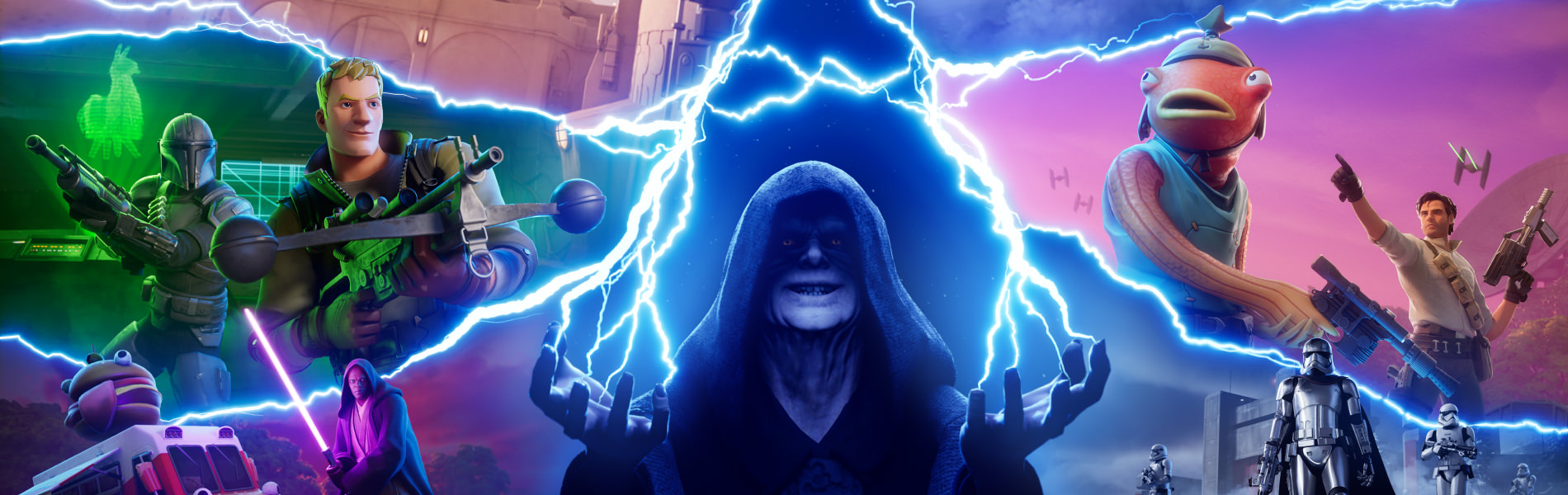 Key art for the current Fortnite season, showing The Emperor shooting force lightning while a bunch of Fortnite guys pose with Star Wars guys. Lotta guys here.