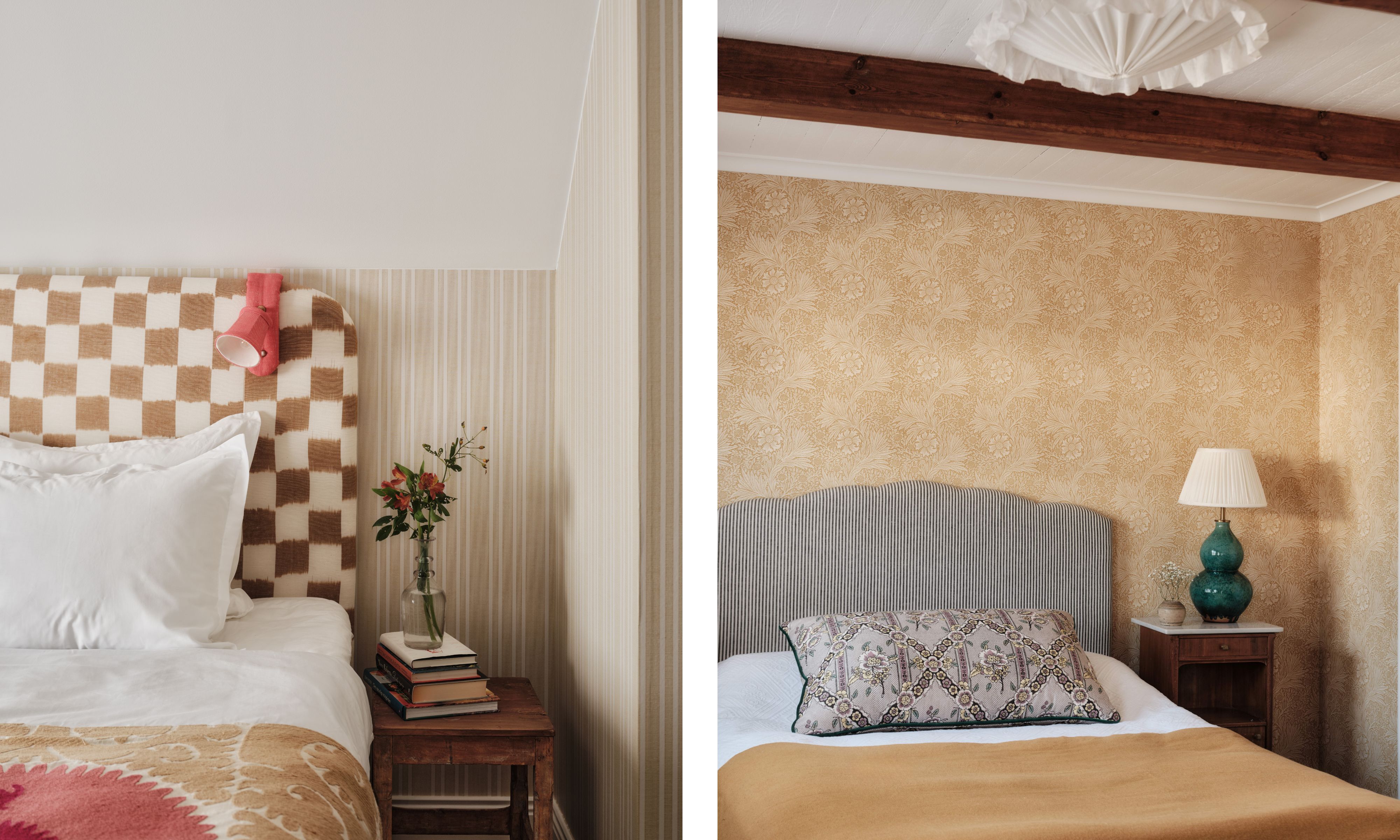 Two side by side images of bedrooms. One has a checkered headboard and striped wallpaper. The other has vintage-style yellow wallpaper and a gray upholstered headboard