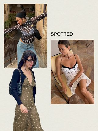 Iris wearing a sheer polka dot top, with a black headband, jeans, and a black bag; Anne Lauremais wearing a white polka dot dress with black lace trim; Tamara Mory wearing a green polka dot dress, a black cardigan, black bag, and black sunglasses.