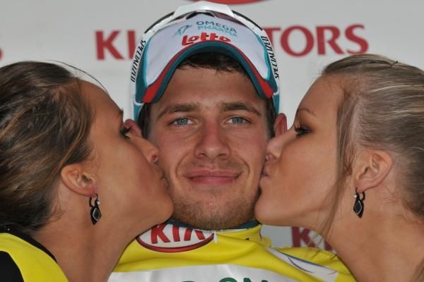Adam Blythe (Omega Pharma - Lotto) gets his birthday present a day early, a stage win and the race lead at Circuit Franco-Belge.