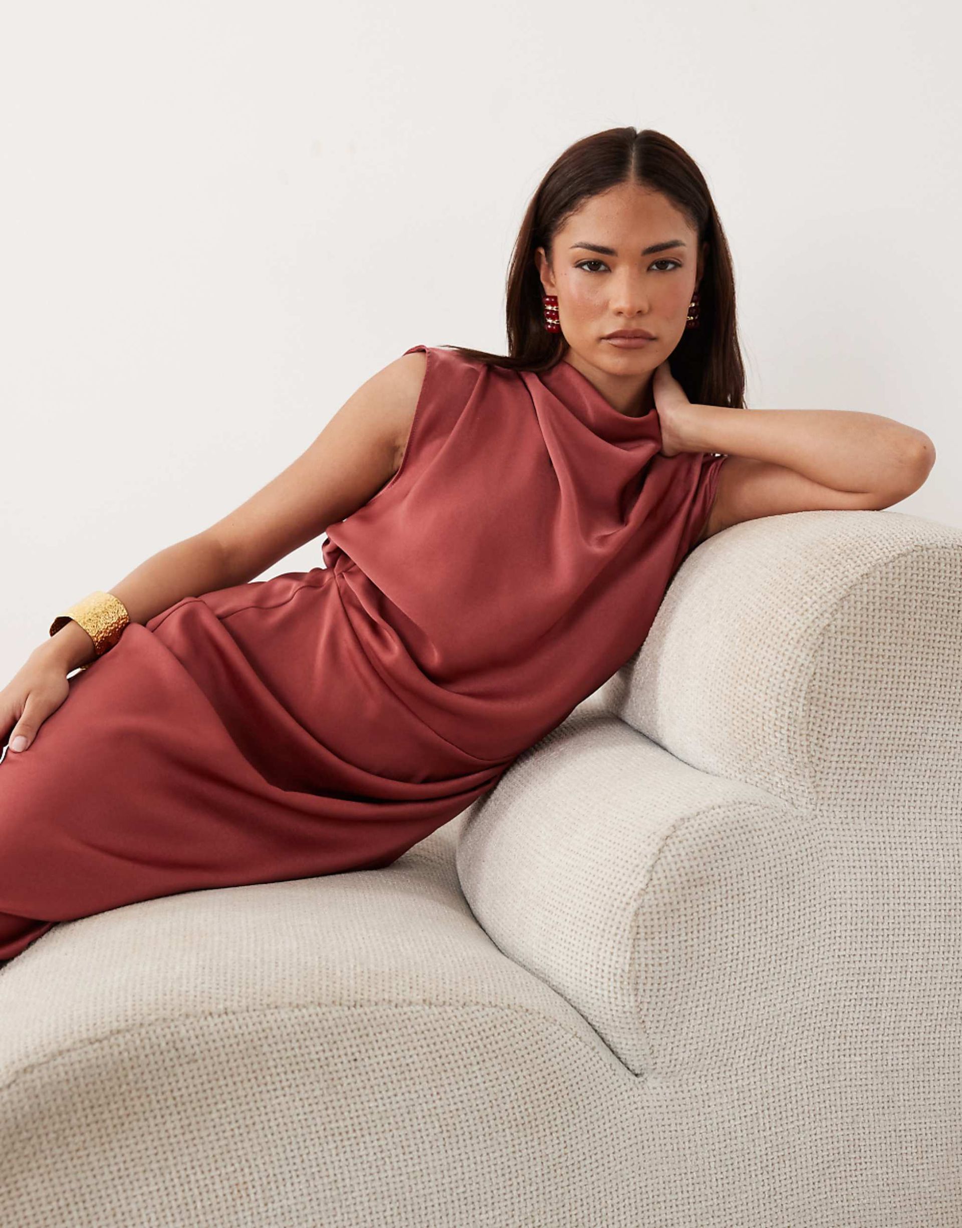 Asos Design Petite Satin High Neck Pleated Bodice Midi Dress in Red