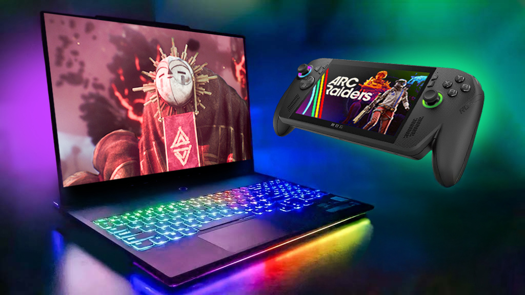 Xbox Ally X with ARC Raiders on the screen and a Legion laptop with Clair Obscur: Expedition 33 on the display.