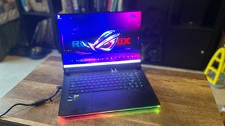 Asus ROG Strix Scar 16 gaming laptop open to show main display
