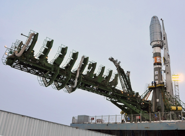 The Soyuz for a planned Dec. 28, 2011 launch of six Globalstar second-generation satellites is shown following its erection over the Baikonur Cosmodrome’s launch pad.