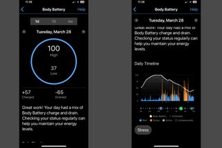 Screenshot from Garmin Connect app showing Andy Turner's Body Battery data pages.